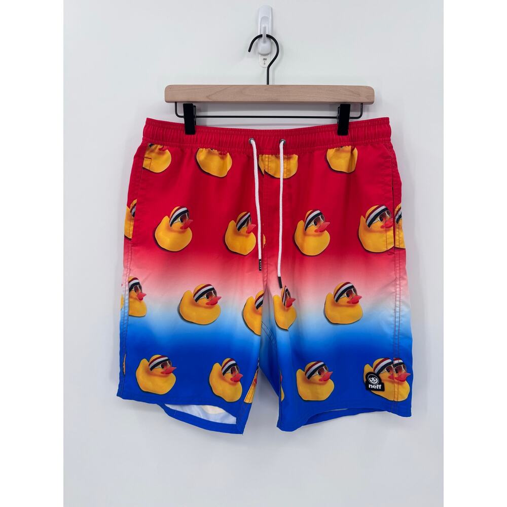Neff Men’s Red Blue Rubber Ducky Board Shorts Swim Trunks Fun Print Size Large